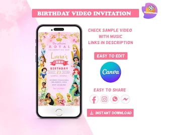 Princess Birthday Invitation Video | Disney Princess Invite | Editable Canva Template | Digital Download