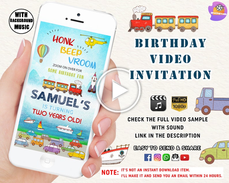 May include: A birthday video invitation displayed on a smartphone. The design features a train, cars, boats, and a helicopter, with the text "Samuel's is turning two years old!" and "Birthday Video Invitation."