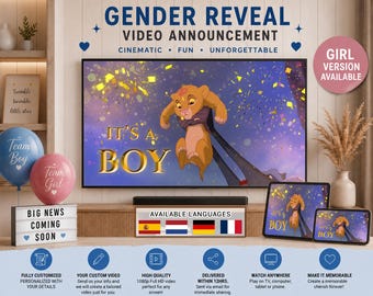 Video personalizzato per la rivelazione del sesso del bambino a tema Re Leone: è un maschietto! Annuncio di nascita in stile cinematografico.