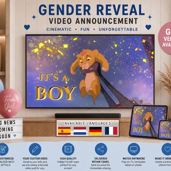 Lion King Personalized Gender Reveal Video, It's a Boy, Movie Style Baby Announcement