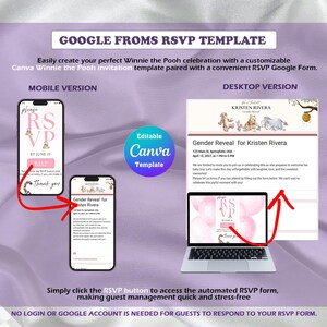 May include: A digital template for a Winnie the Pooh themed gender reveal RSVP, featuring a mobile view and a desktop view on a laptop. The design includes illustrations of characters, a customizable Canva interface, and text fields for event details.