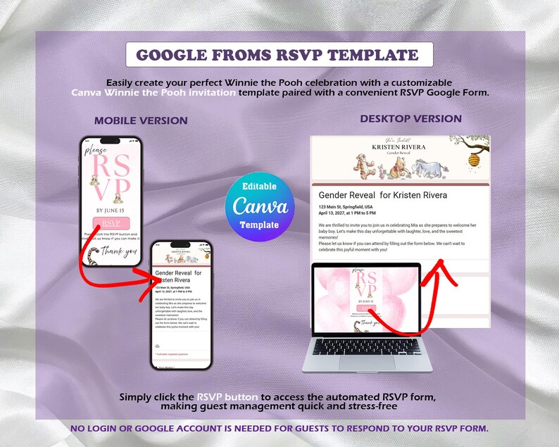 May include: A digital template for a Winnie the Pooh themed gender reveal RSVP, featuring a mobile view and a desktop view on a laptop. The design includes illustrations of characters, a customizable Canva interface, and text fields for event details.