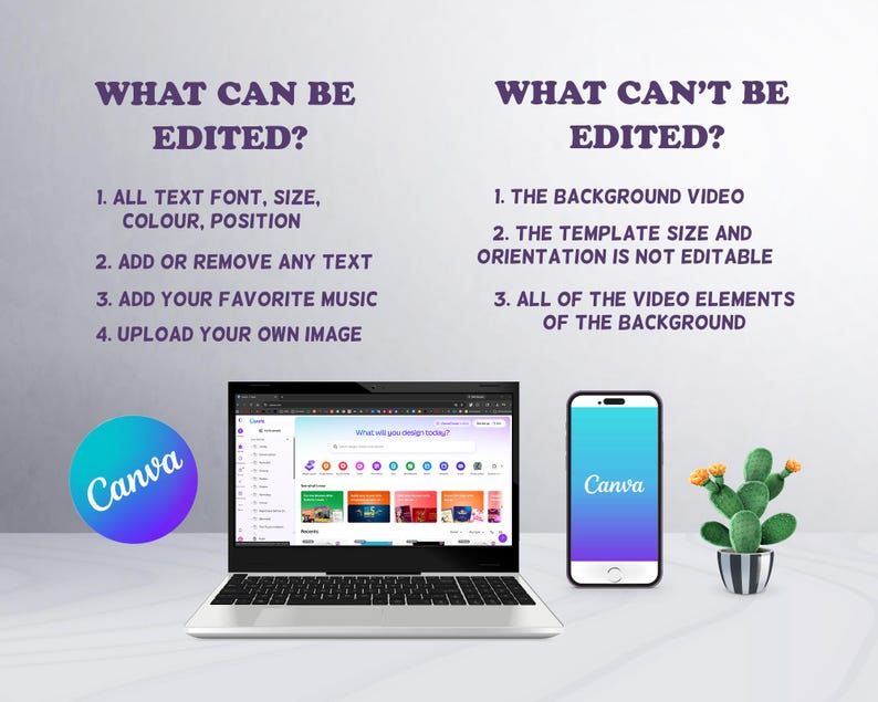 K&ouml;nnte beinhalten: Ein Laptop, ein Smartphone und ein kleiner Kaktus werden auf einer wei&szlig;en Oberfl&auml;che angezeigt. Der Laptop und das Smartphone zeigen beide das Canva-Logo an. Text &uuml;ber den Ger&auml;ten listet auf, was in der Canva-Anwendung bearbeitet werden kann und was nicht.