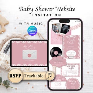 Puede incluir: Una plantilla digital de sitio web para invitación de baby shower con un esquema de color rosa y bordes de encaje blanco. La pantalla muestra varias secciones, incluyendo un sobre, un icono de disco de vinilo, un temporizador y una tarjeta de rifa.
