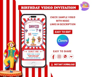 Zirkus-Geburtstags-Einladung Video | Karneval Thema einladen | Bearbeitbare Canva Vorlage | Digitaler Download