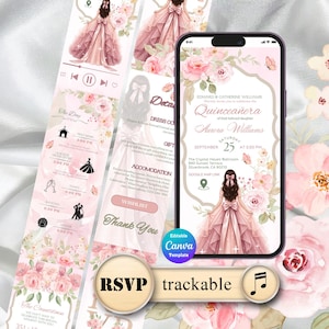 May include: A digital Quinceañera invitation template displayed on a smartphone screen and vertical strips, featuring a pink floral theme, an illustration of a person in a ballgown, and text details for Aurora Williams, including date, time, and location.