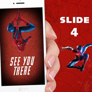 K&ouml;nnte beinhalten: Ein Smartphone zeigt ein Spider-Man-Thema. Der Bildschirm zeigt Spider-Man kopf&uuml;ber mit dem Text "SEE YOU THERE" &uuml;ber einem Spinnennetz-Design. Eine zweite Spider-Man-Figur ist rechts zu sehen. Der Hintergrund ist rot.
