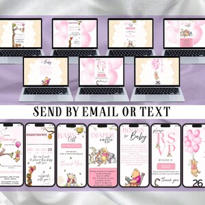 May include: A collection of digital baby shower invitation templates displayed on seven laptops and seven smartphones. The designs feature Winnie the Pooh illustrations, pink balloons, and honeybee motifs with text including RSVP, Baby List, and Diaper Raffle.