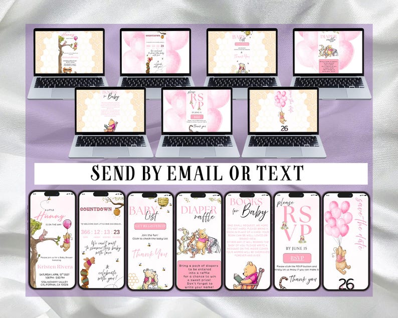 May include: A collection of digital baby shower invitation templates displayed on seven laptops and seven smartphones. The designs feature Winnie the Pooh illustrations, pink balloons, and honeybee motifs with text including RSVP, Baby List, and Diaper Raffle.
