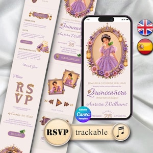 May include: A digital invitation template for a Quinceañera displayed on a smartphone screen and a vertical layout. The design features a purple-gowned character in an ornate gold frame, floral accents, and text including RSVP, date, and location details.