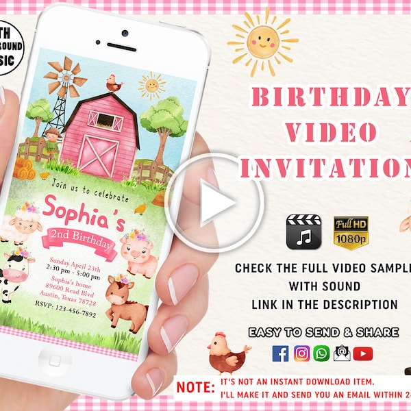 Farm Birthday Invitation Girl Farm Invite Pink Barn Animals Party invite Girl Barnyard Birthday Pink girl Barnyard Animals Girl Barn Party