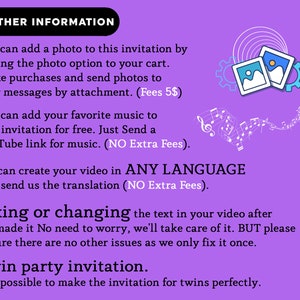 May include: A purple graphic with the text "OTHER INFORMATION" at the top. The text describes adding photos, music, and translations to a video invitation. Graphics include two photo icons, musical notes, and gears.