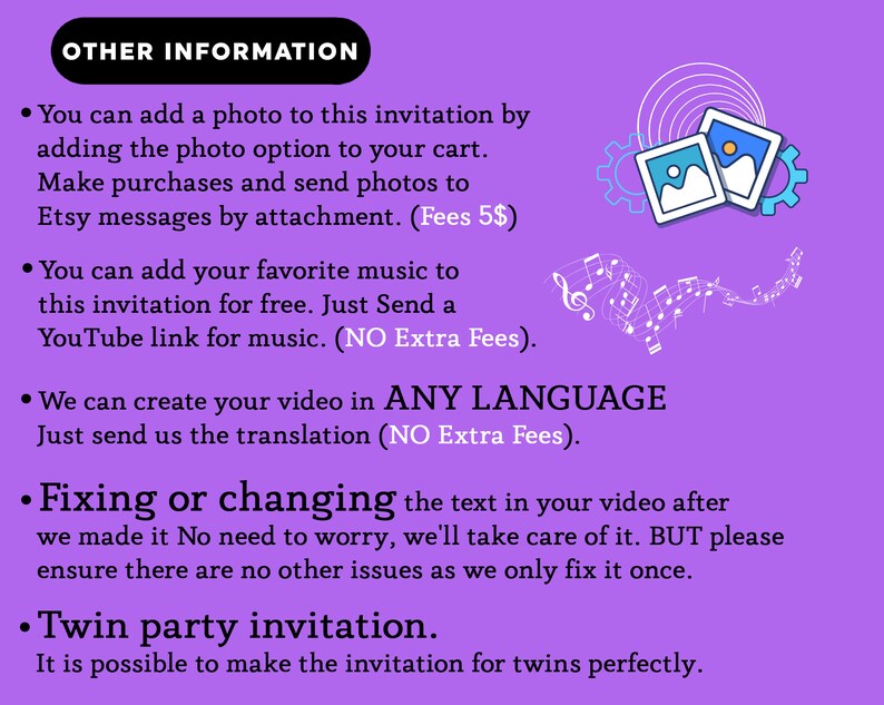 May include: A purple graphic with the text "OTHER INFORMATION" at the top. The text describes adding photos, music, and translations to a video invitation. Graphics include two photo icons, musical notes, and gears.