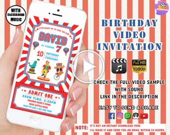 Circus verjaardagsuitnodiging, Circus video uitnodiging, Circus feestuitnodiging, Vintage Circus uitnodigen, Circus geanimeerde video uitnodiging