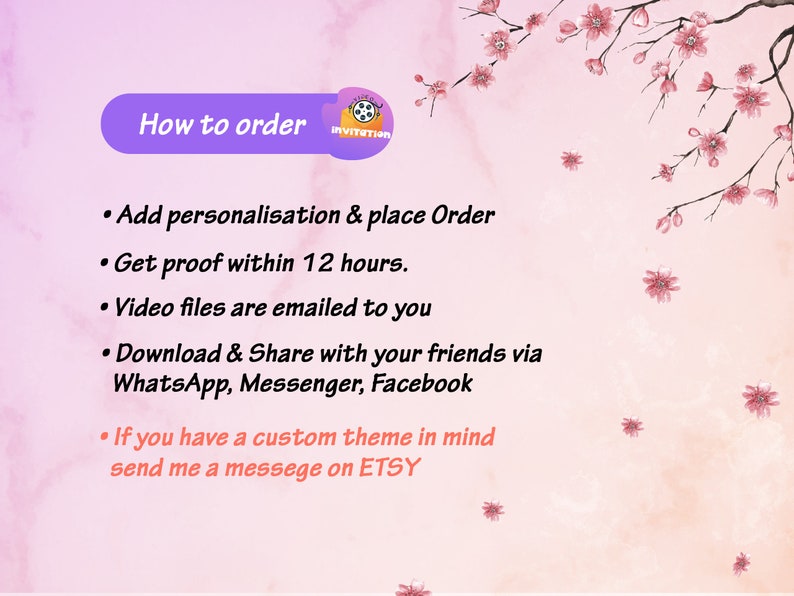 May include: A pink and white graphic with text that reads "How to order." The text includes instructions: add personalization, get proof within 12 hours, video files emailed, and download and share via social media. Floral accents.