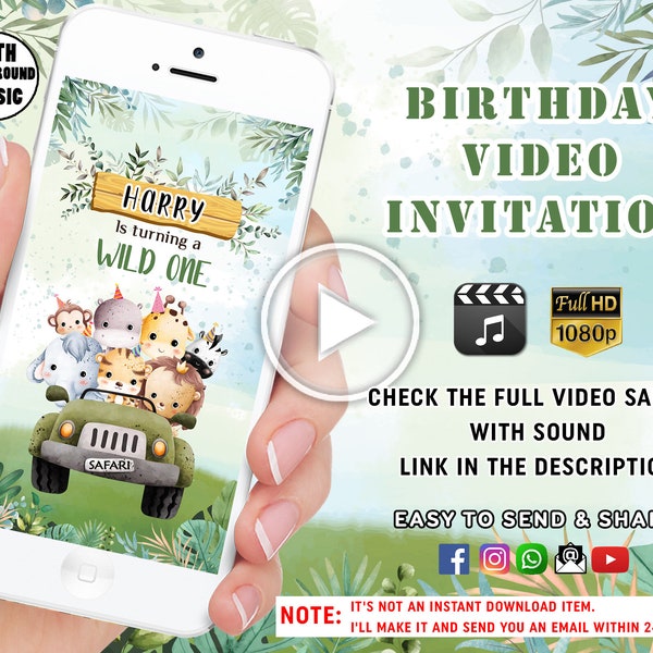 Safari Birthday Invitation, Wild One Birthday Boy Invite, Jungle Safari Party Video Invitation, Jungle Birthday Invite, Animals Party Invite