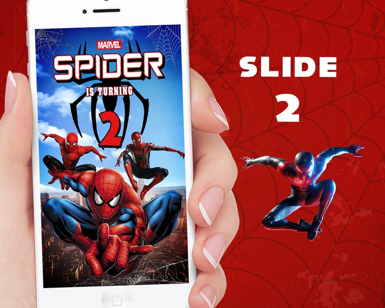 K&ouml;nnte beinhalten: Ein Smartphone zeigt eine Marvel Spider-Man-Geburtstagseinladung. Die Einladung zeigt Spider-Man-Illustrationen, den Text "SPIDER IS TURNING 2" und das Wort "MARVEL". Der Hintergrund ist rot mit einem Spinnennetz-Design.