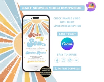 May include: A baby shower video invitation displayed on a smartphone. The design features a retro sunburst with the text "Here Comes the Son." Additional text includes event details and "Easy to Edit" and "Instant Download" options.