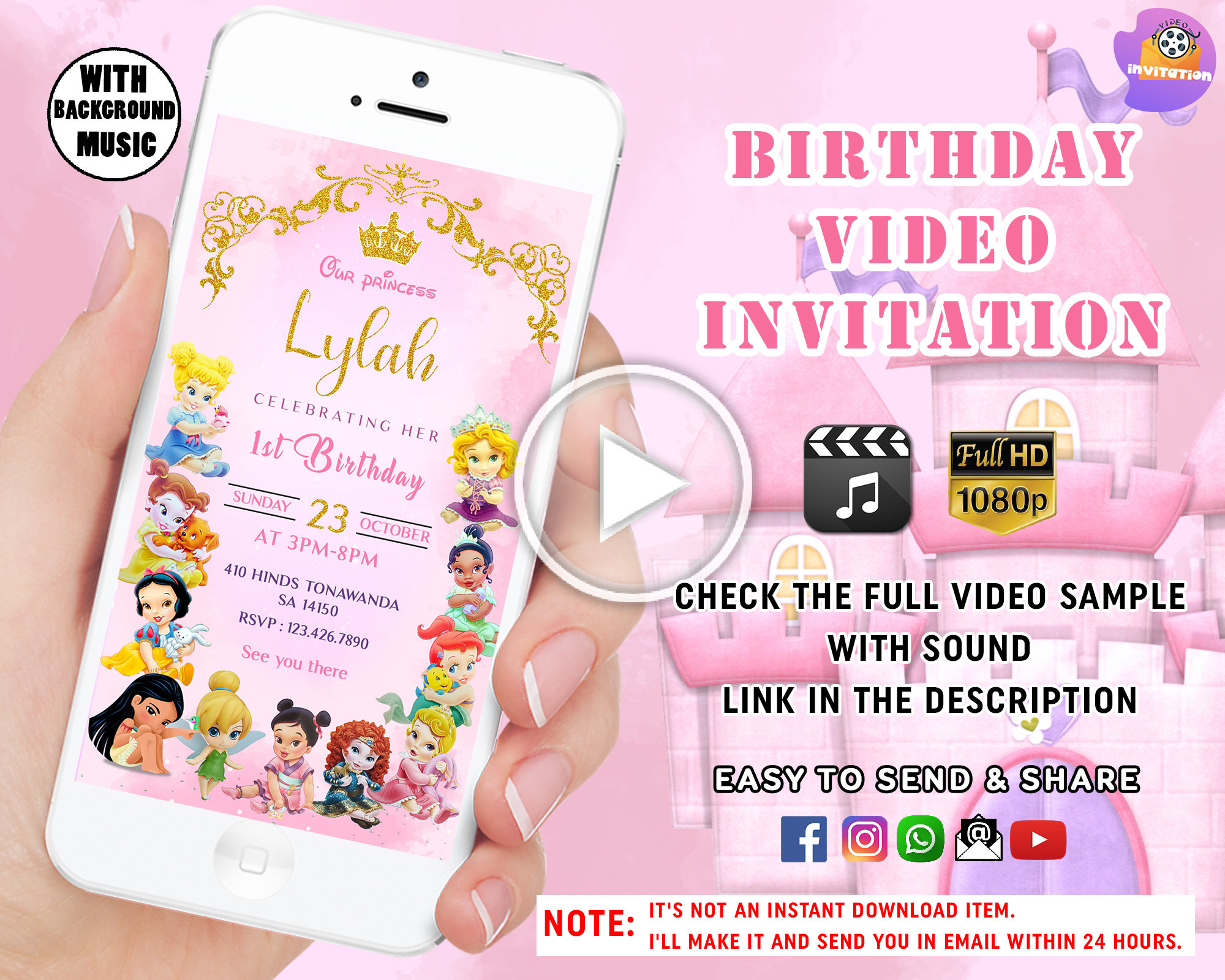 Princess Animated Invitation, Baby Princess Invitation, Princess 1st Birthday Invitation, Girl Birthday Invitation,  Princess Party Video