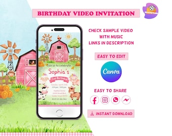 Farm Girl Birthday Invitation Video Template | Barnyard Pink Invite | Editable Canva Template | Digital Download