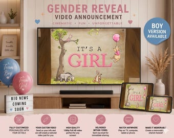 Könnte beinhalten: Eine digitale Videoankündigung zur Geschlechtsenthüllung auf einem Fernsehbildschirm, Tablet und Smartphone. Der Bildschirm zeigt Winnie Puuh-Figuren, einen Baum und den Text IT'S A GIRL in Pink. Enthält eine Leuchtbox mit dem Text BIG NEWS COMING SOON.