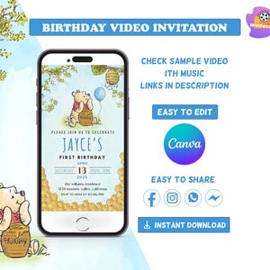 May include: A smartphone displays a birthday video invitation featuring Winnie the Pooh. The invitation includes the text "JAYCE'S FIRST BIRTHDAY" and event details. Additional text includes "BIRTHDAY VIDEO INVITATION" and "INSTANT DOWNLOAD."