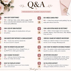 May include: A digital Q&A template for a wedding website featuring a light pink background with floral accents. The text includes frequently asked questions about editing, Canva requirements, RSVP functionality, mobile compatibility, and support policies.