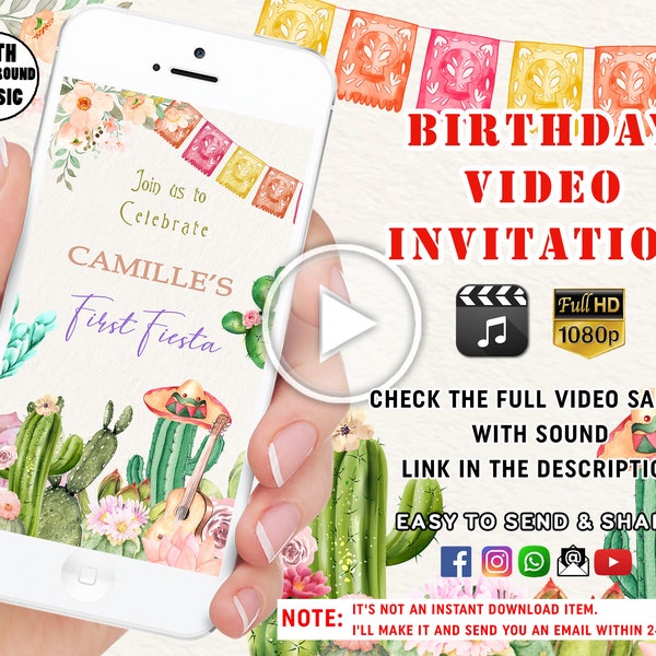 Fiesta Birthday party Invitation, Mexican Fiesta birthday invitation, Fiesta Cactus birthday video invite, Mexican theme party, Cactus Theme