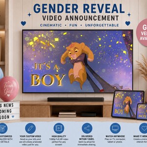Könnte beinhalten: Eine digitale Videoankündigung zur Geschlechterenthüllung auf einem Fernsehbildschirm mit einem Zeichentrick-Löwenjungen, goldenem Konfetti und dem Text IT'S A BOY. Die Szene enthält eine Leuchtbox mit dem Text BIG NEWS COMING SOON.