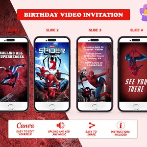 K&ouml;nnte beinhalten: Eine digitale Geburtstagsvideoeinladung mit Spider-Man auf vier Smartphone-Bildschirmen. Die Einladung enth&auml;lt Texte wie "Calling All Superheroes" und "See You There". Symbole zeigen einfache Bearbeitung, Musik-Upload, Teilen und Anweisungen an.