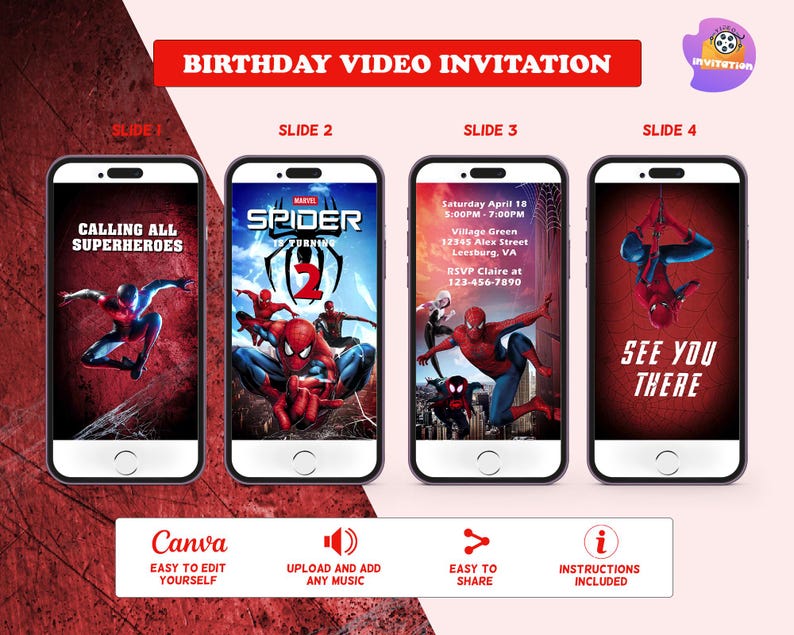 K&ouml;nnte beinhalten: Eine digitale Geburtstagsvideoeinladung mit Spider-Man auf vier Smartphone-Bildschirmen. Die Einladung enth&auml;lt Texte wie "Calling All Superheroes" und "See You There". Symbole zeigen einfache Bearbeitung, Musik-Upload, Teilen und Anweisungen an.