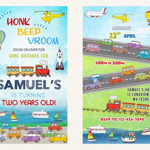 May include: A colorful birthday invitation with a transportation theme. The design includes a train, cars, boats, and aircraft. The text reads "Honk, Beep, Vroom" and announces Samuel's second birthday party on April 23rd.
