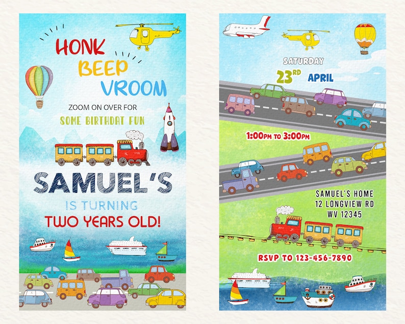 May include: A colorful birthday invitation with a transportation theme. The design includes a train, cars, boats, and aircraft. The text reads "Honk, Beep, Vroom" and announces Samuel's second birthday party on April 23rd.