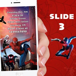 K&ouml;nnte beinhalten: Ein Smartphone zeigt eine Einladung zum Thema Spider-Man. Die Einladung enth&auml;lt Datum, Uhrzeit, Ort und RSVP-Informationen. Der Hintergrund ist eine Stadtlandschaft mit Spider-Man und anderen Charakteren. Die rechte Seite des Bildes zeigt eine Spider-Man-Figur in einer dynamischen Pose, mit dem Text "SLIDE 3".