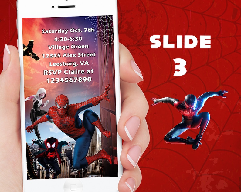 K&ouml;nnte beinhalten: Ein Smartphone zeigt eine Einladung zum Thema Spider-Man. Die Einladung enth&auml;lt Datum, Uhrzeit, Ort und RSVP-Informationen. Der Hintergrund ist eine Stadtlandschaft mit Spider-Man und anderen Charakteren. Die rechte Seite des Bildes zeigt eine Spider-Man-Figur in einer dynamischen Pose, mit dem Text "SLIDE 3".