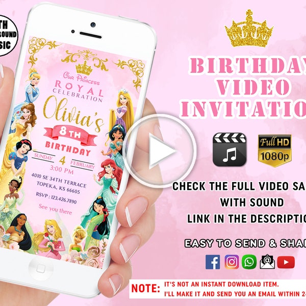 Princess Birthday Invitation, Princess Animated Video Invitation, Royal Celebration Invite, Disney Princess Invite, Princess Party Video