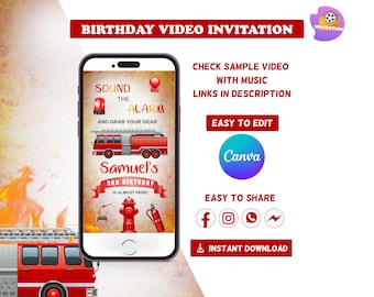 Fire Truck Invitation Video | Firefighter Theme invite | Fire Engine Digital party | Editable Canva Template