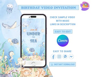 Vídeo de invitación de cumpleaños con temática marina / Invitación para fiesta temática del océano / Plantilla editable de Canva / Descarga digital
