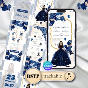 Puede incluir: Una plantilla de invitación digital para Quinceañera mostrada en una pantalla de teléfono y tiras verticales, con arreglos florales azul oscuro, detalles dorados y la ilustración de una persona con un vestido de gala azul oscuro.