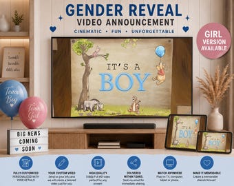 Könnte beinhalten: Eine digitale Videoankündigung zur Geschlechtsenthüllung mit Winnie Puuh-Figuren auf einem Fernsehbildschirm mit dem Text IT'S A BOY. Die Anzeige enthält einen blauen Ballon, einen Baum und Figuren wie Ferkel, I-Aah und Tigger. Ein Leuchtkasten zeigt BIG NEWS COMING SOON, dazu blaue und rosa Luftballons.