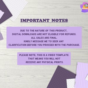 K&ouml;nnte beinhalten: Ank&uuml;ndigung eines digitalen Produkts mit dem Text &bdquo;IMPORTANT NOTES&ldquo; und Details zu digitalen Downloads, R&uuml;ckerstattungen und Videovorlagen. Das Bild enth&auml;lt zerrissenes Papier und ein Logo.
