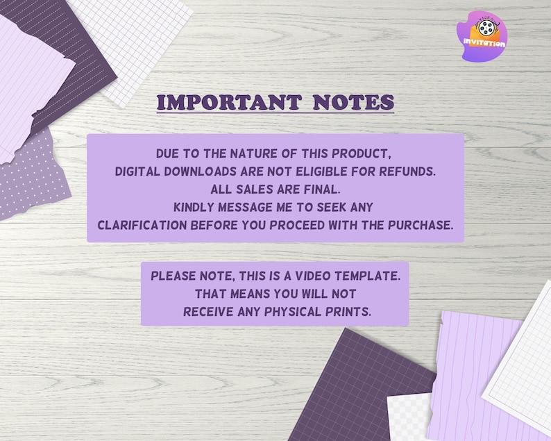 K&ouml;nnte beinhalten: Ank&uuml;ndigung eines digitalen Produkts mit dem Text &bdquo;IMPORTANT NOTES&ldquo; und Details zu digitalen Downloads, R&uuml;ckerstattungen und Videovorlagen. Das Bild enth&auml;lt zerrissenes Papier und ein Logo.