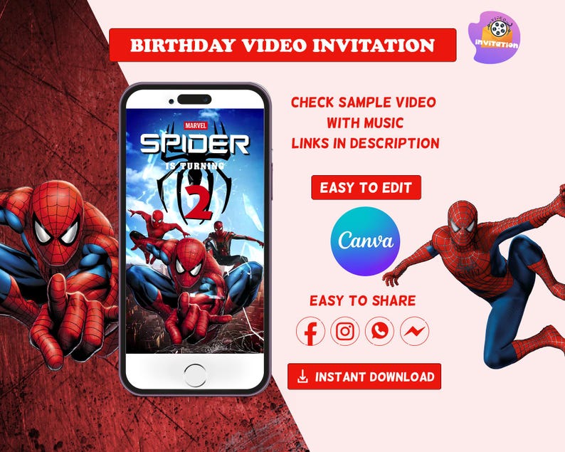 K&ouml;nnte beinhalten: Eine digitale Geburtstagsvideoeinladung mit Spider-Man. Das Design enth&auml;lt den Text "BIRTHDAY VIDEO INVITATION" und "SPIDER IS TURNING 2". Die Einladung ist einfach zu bearbeiten und zu teilen, mit Social-Media-Symbolen und einem Canva-Logo.