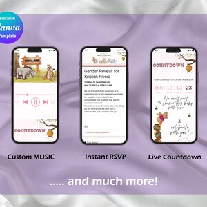 May include: Three smartphones displaying digital invitation templates with a bear and forest animal theme. The screens show a music player interface, an RSVP form for a gender reveal, and a live countdown timer with honey pot graphics and text.