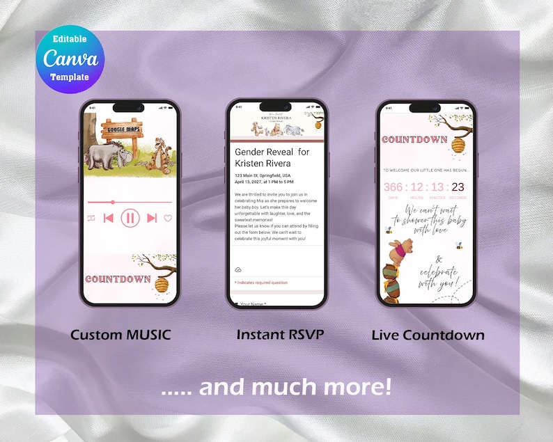 May include: Three smartphones displaying digital invitation templates with a bear and forest animal theme. The screens show a music player interface, an RSVP form for a gender reveal, and a live countdown timer with honey pot graphics and text.
