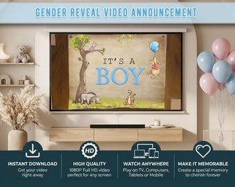May include: A digital gender reveal video announcement featuring a Winnie the Pooh theme on a projector screen. The screen displays the text IT'S A BOY with illustrations of Pooh, Piglet, Eeyore, and Tigger. The design includes a light blue banner.