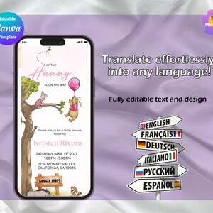 May include: A smartphone displaying a digital baby shower invitation template featuring a cartoon bear holding a pink balloon and a small piglet sitting on a tree branch. The text reads A LITTLE HUNNY IS ON THE WAY, Kristen Rivera, and event details.