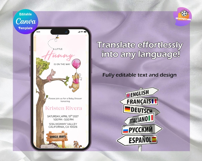 May include: A smartphone displaying a digital baby shower invitation template featuring a cartoon bear holding a pink balloon and a small piglet sitting on a tree branch. The text reads A LITTLE HUNNY IS ON THE WAY, Kristen Rivera, and event details.