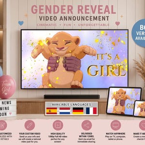 May include: A digital gender reveal video announcement featuring a cartoon lion cub being held up against a purple background with gold confetti. The text on the screen reads IT'S A GIRL in gold letters. A blue circle badge states BOY VERSION AVAILABLE.