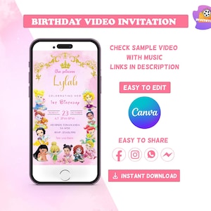 Baby Princess Birthday Invitation Video | Girl 1st Birthday Invite | Editable Canva Template | Digital Download